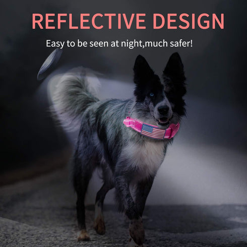 Dog Collar Tactical Highly Reflective Military Pet Collar Nylon with American Flag Patch and Pendant for XL Pink