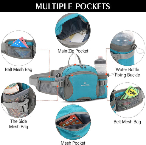 Peicees Large Hiking Fanny Pack Waist Bag for Men Women Water Resistant with Bottle Holder (Bottle Not Included)