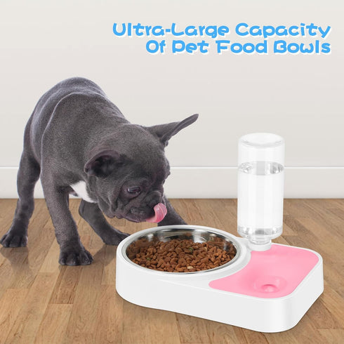 Double Dog Cat Bowls, 6.9" Dia Food Bowl and 11.6" L Water Bowl with Automatic Water Dispenser, Stainless Steel for