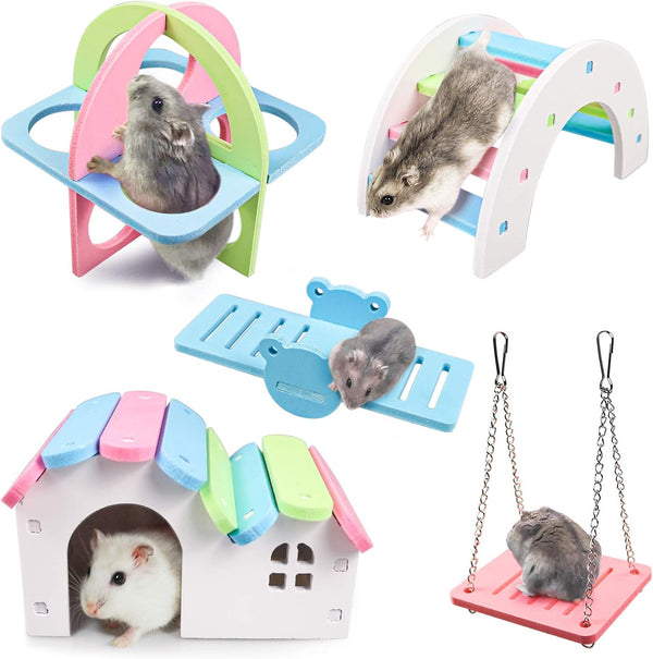 DIY Wooden Dwarf Hamsters House, Gerbil Hideout with Rainbow Bridge Swing, PVC Seesaw, Small Animal Habitat Accessories