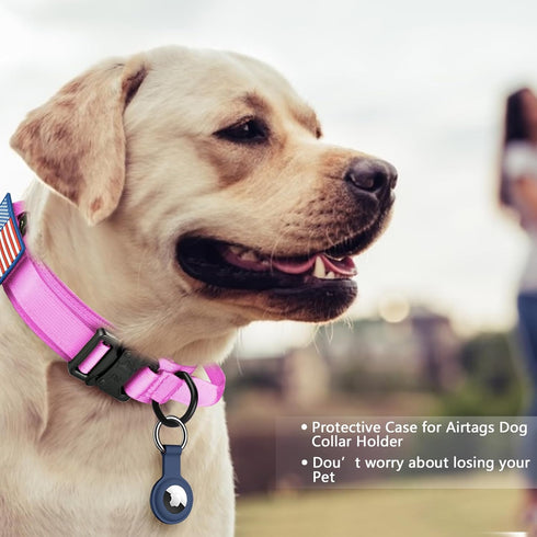 DAGANXI Tactical Dog Collar, Adjustable Military Training Nylon Dog Collar with Control Handle and Heavy Metal Buckle for Medium and Large Dogs, with Patches and Airtags Case (S, Pink-SET)