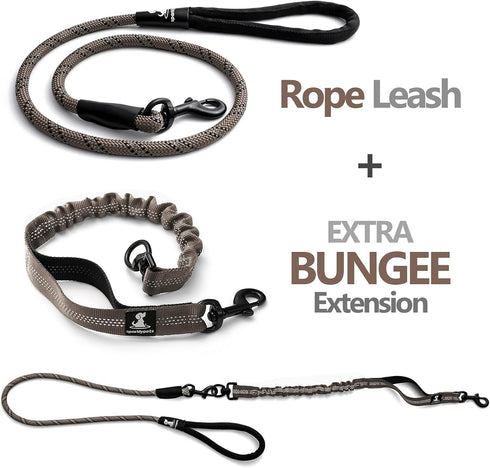 Heavy Duty Rope Bungee Leash for Large Medium Dogs, Anti-Pull, No Slip Reflective (Brown, Bungee Leash- 5.5 Ft)