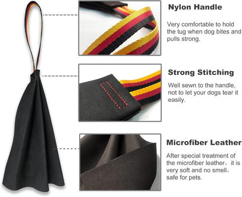 Dewonch Leather Bite Rag for Dog Training - K9 Puppy Toy for Building Prey Drive, Tug of War Game with Handle