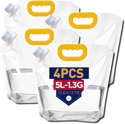4 Pack 1.3 Gallon Collapsible Water Container Bag, Freezable Plastic Water Storage