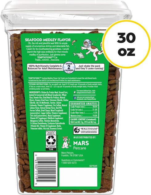 30 oz. Temptations Cat Treats, Classic Crunchy and Soft Cat Treats, Seafood Medley Flavor, Tub