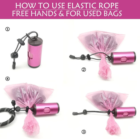 Aluminum Dog Poop Bags Holder with Carabiner, Metal Pet Waste Bags Dispenser with Hook and Loop Fastener, Elastic Cord