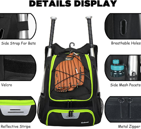 Goloni Youth Baseball Bag, Softball Bag with Shoes Compartment, Backpack with Fence Hook