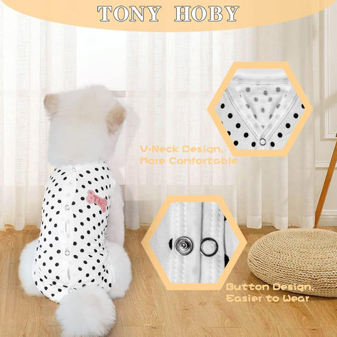 TONY HOBY Summer Dog Pajamas - Soft Breathable Dog Jumpsuit with Polka Dots (Black, L)