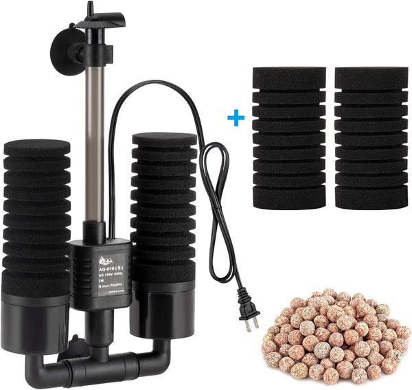 AQQA Aquarium Sponge Filter, Power Driven Double Biochemical Water Filter, Quiet Submersible