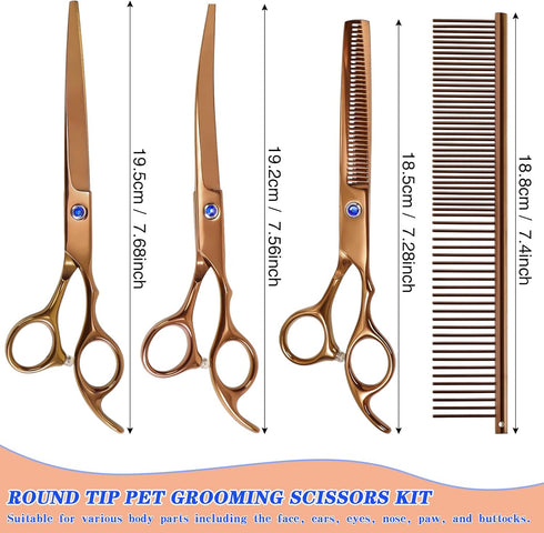 Dog Grooming Scissors, Maxshop Premium Stainless Steel Pet Grooming Trimmer Kit, Professional Thinning Shears, Curved Scissors with Comb for Dogs and Cats (Gold Set of 4) by Maxshop