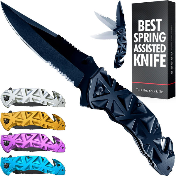 GOOD WORKER Black Pocket Knife, Serrated Sharp 3.5" Blade, Spring Assisted Tactical Knife Set
