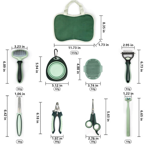 BURCHLIFE 8 Grooming Brush Kit - Pcs for Shedding & Matted Fur, Self-Cleaning with Flea Comb, Includes Indoor