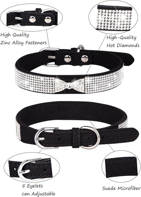 Dog Collar for Small Dogs, Adjustable Pink Suede Bling Rhinestone Collar, Cat Collar (XS, black4)
