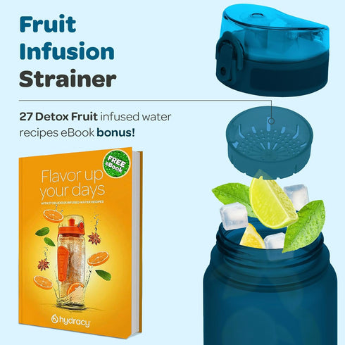 Hydracy Water Bottle with Time Marker - Large BPA Free Leak Proof Gym Bottle with Fruit Infuser for Fitness