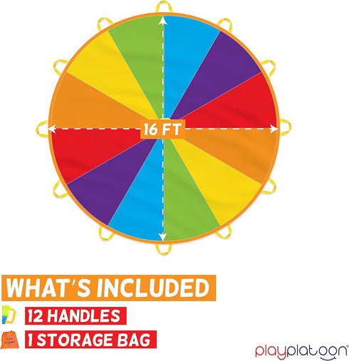 16 12 Play Platoon Rainbow Parachute Toy for Kids, ft Parachute Game with Handles for Kids, Elementary School Gym Class