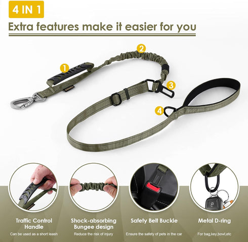 Tactical Dog Leash Heavy Duty - 4-6ft No Pull Bungee for Medium Large Dogs with Comfortable Padded Double Handle, Green