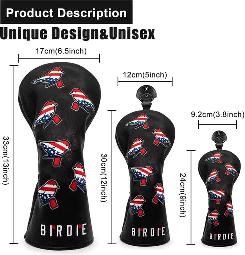 Golf Head Covers - Driver, 3 Wood, Hybrid, USA Flag Design, Leather Headcovers