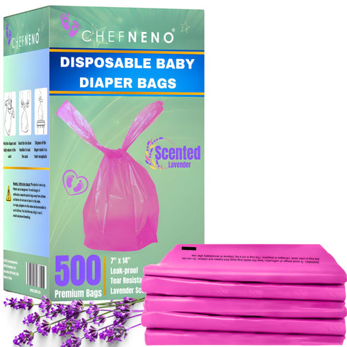 Baby Disposable Diaper Sacks (500 ct.) Lavender Scented, Easy-To-Tie Tabs, Diaper Disposal