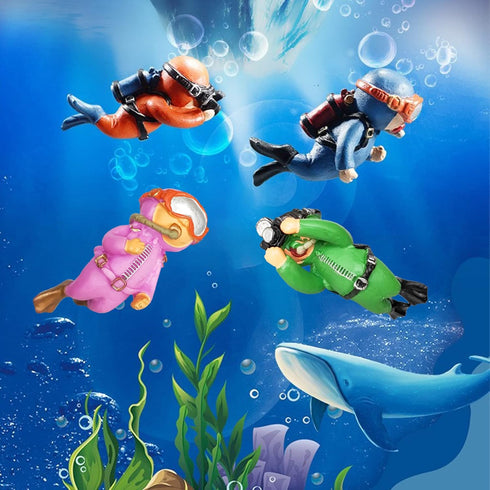 4 Pack Floating Fish Tank Decorations, Cute Little Diver Aquarium Decoration with Floating Device Accessories
