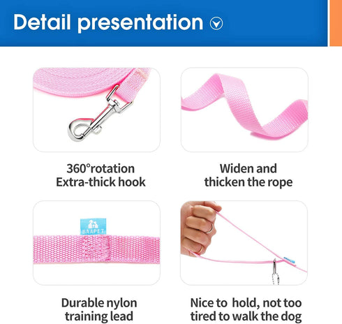 BAAPET Long Dog Training Leash with Clickers for Small, Medium and Large Dogs or Cats (15 Feet, Pink)