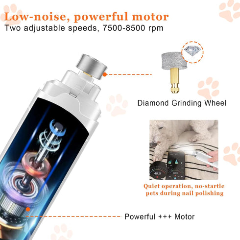 Lyjinbc Trimmer 2-Speed Dog Nail Grinders, Electric Rechargeable Pet Nail Low Noise with LED Light Mode for Large