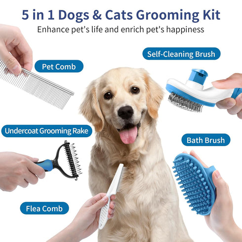 5 in 1 Dog Grooming Kit - Self-Cleaning Slicker Brush for Shedding Dogs & Cats, Includes Pet Comb, Bath Brush, Rake