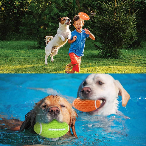 AUSCAT Dog Chew Squeaky Toy Ball, Rugby Shape Rubber Chew Ball with Squeaker for Fetch Game and Outdoor Play