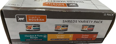 SIMPLY NOURISH 1-12 Pack Pack. 4-Chicken Tuna,4-Chicken 4-Turkey Sauce.12-3 Cat Canned Food. of Shreds Variety