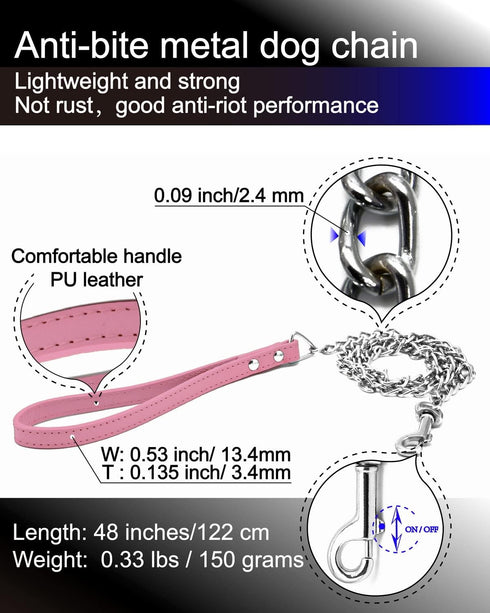 Dog Leash, Metal Pet Leash with Comfortable PU Leather Handle for Small and Medium Dogs, 4 FT (Pink)