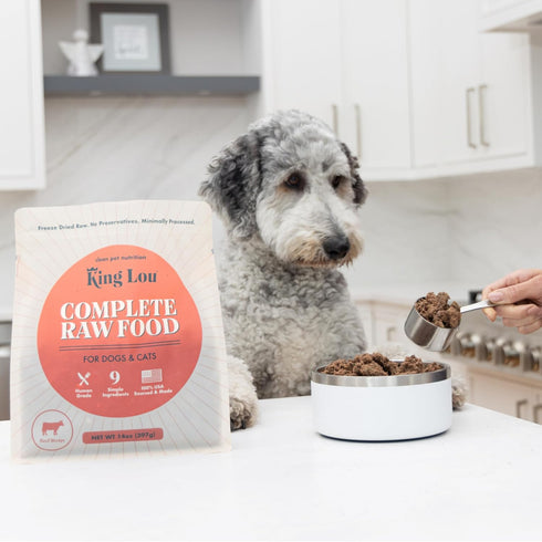 14oz King Lou Pets - Human Grade Raw Food for Dogs and Cats - Complete Meal for Pets - Freeze Dried Beef Recipe