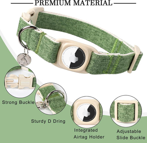 DOGWONG Airtag Cotton Hemp Dog Collar, Heavy-Duty Collar with Airtag Holder, Green Natural Fabric Pet Dog Collar for