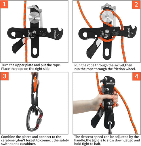 NewDoar Climbing Stop Descender Rappelling Belay for Ropes 10-12mm, CE Certified for Novices, Rescue & Arborist
