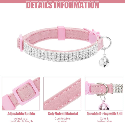 EXPAWLORER Soft Velvet Safe Cat Collars for Girl Cats - 2 Pack Rhinestones Bling Adjustable Breakaway Collars