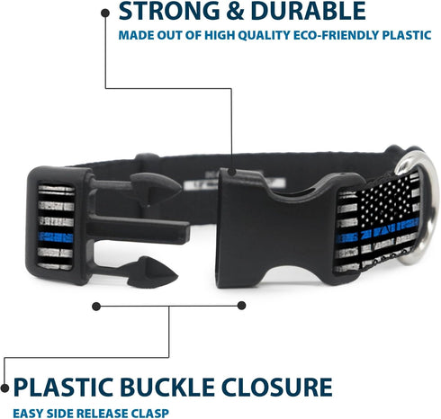 Buckle-Down Plastic Clip Collar - Thin Blue Line Flag, Weathered Black/Gray/Blue, 1" Wide, Fits 15-26" Neck