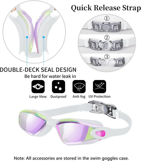 Swim Goggles, No Leaking Swimming Goggles with Nose Clip, Earplugs, Swim Cap and Case for Men and Women