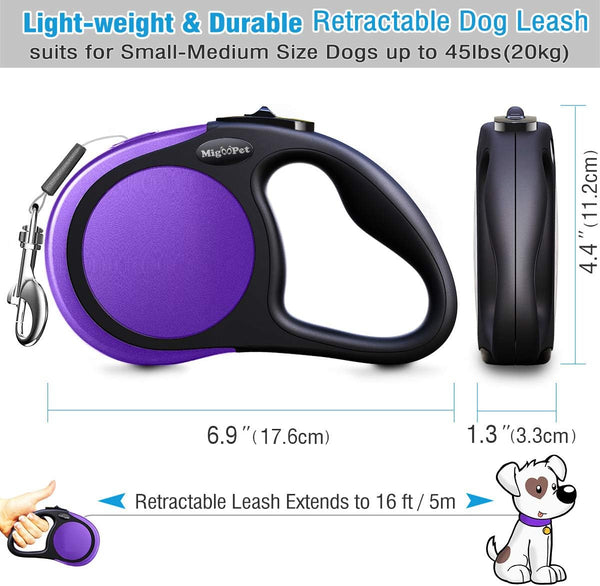 Heavy Duty Retractable Dog Leash, 16ft for S to L Dogs up to 45/115 lbs, Upgraded Lock System, Purple