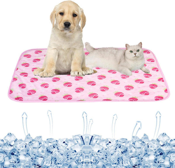 Dog Ice Pad, Ice Silk Cats Kennel Mat, Breathable Cooling Pad for Summer (Strawberry, L)
