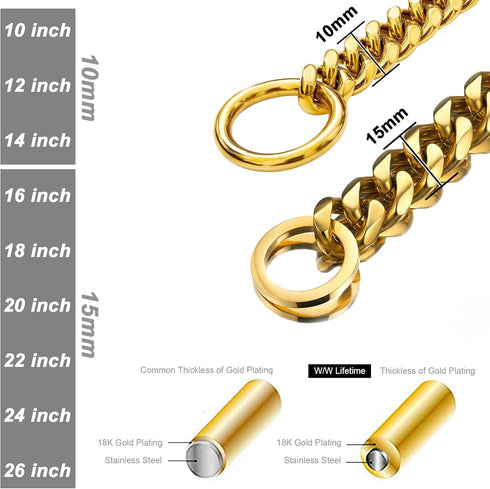 Chain Dog Collar 18K Gold Cuban Link Dog Chain 15MM 10MM Thick Chain Collar Metal Stainless Steel Heavy Duty Slip Dog Collars for Small Dogs (14",Can Over Head of 10" to 12.5")