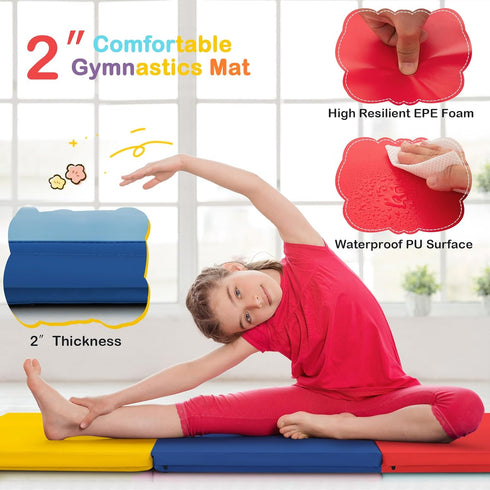 6 2 2 GYMAX Folding Gymnastics Mat, Tri-fold x x Exercise Mat with Carrying Handles, Waterproof PU Leather, Hook & Loop