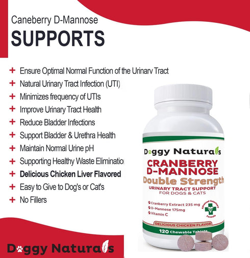 Cranberry D-Mannose for Dogs and Cats, Urinary Tract Infection Support, Double Strength Tablet, 120 Count