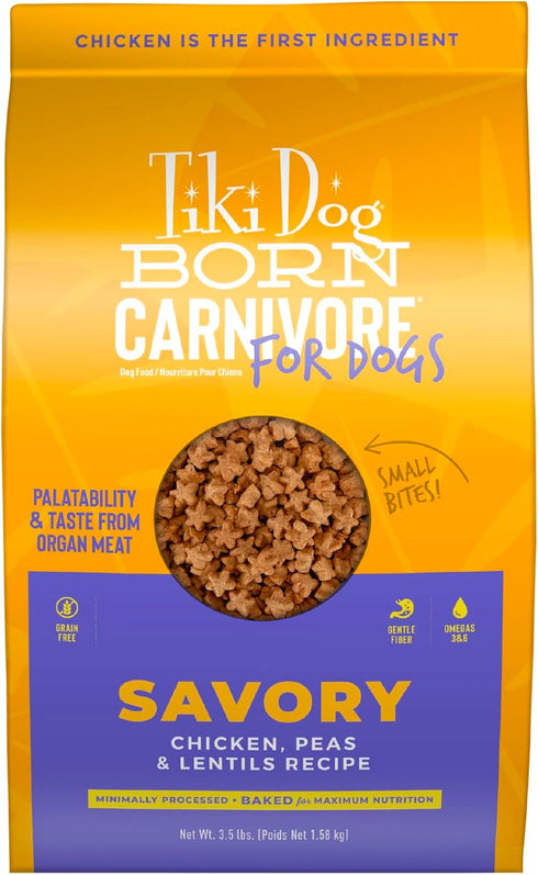 Tiki Dog Born Carnivore Savory Chicken, Peas & Lentils Recipe, Grain Free Baked Kibble for Adult Dogs, 3.5 lbs