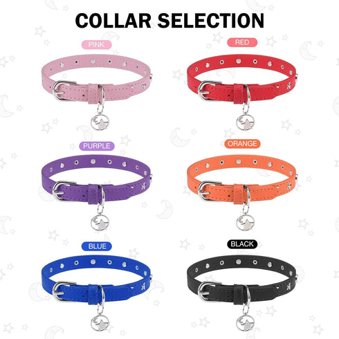 Leather Dog Collar for Small Medium Dogs, Adjustable Star and Moon Studded Collars with Rust-Proof Metal Buckle