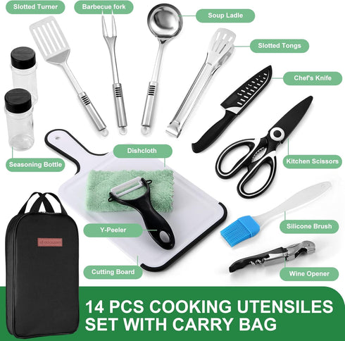 Odoland 14pcs Camping Cookware Set, Stainless Steel Cooking Utensils in Portable Carry Case for Outdoor Use