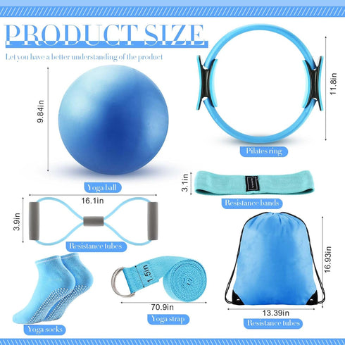 Poen 14 Pcs Pilates Ring and Ball Set for Women, Pilates Ring Circle Ball with Stretching Strap and 8 Resistance Bands