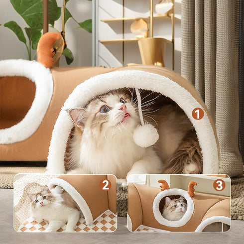 Cat Tunnel Bed IndoorPeekaboo Cave Bed with Washable Soft Play Mat, Removable Cute Cat Tunnel with Plush Balls Toys