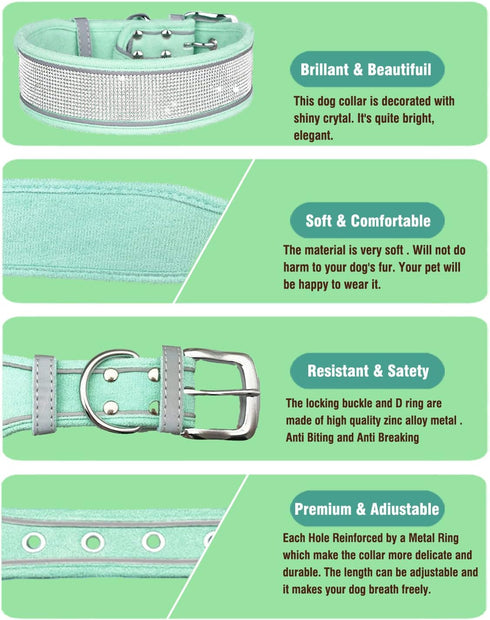 Bling Rhinestone Dog Collar, Soft Comfortable Adjustable Pet Collar with Bright Reflective Stripe for Small Medium