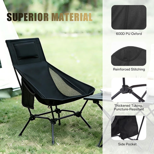 2-in-1 Backpacking High Back Folding Camping Chair with Pillow, Lightweight Portable Chair for Adults, Height