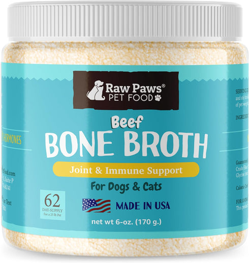 Raw Paws Beef Bone Broth for Dogs & Cats, 6-oz, Made in USA, Dog Food Topper, Bone Broth Protein Powder