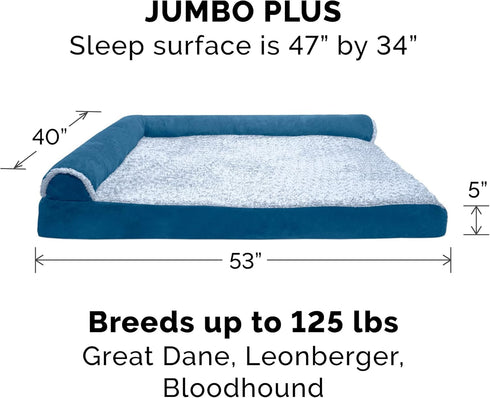 Furhaven Two-Tone Faux Fur & Suede L Shaped Chaise Replacement Dog Bed Cover, Jumbo Plus (XX-Large) - Marine Blue,