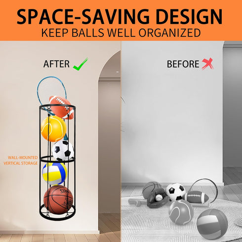 Garage Ball Storage Rack, Wall-Mounted Basketball Holder, Vertical Sports Ball Storage Organizer for Soccer,